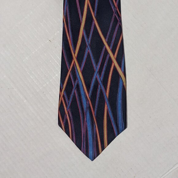 Hardy Amies London 100% Silk Tie Navy Multicolor Geometric Stripe Pattern - Picture 4 of 6